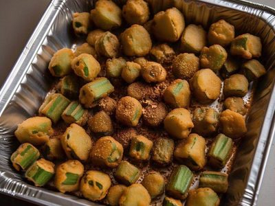 Catering-size Cajun fried okra prepared by Poboys Kitchen in San Francisco