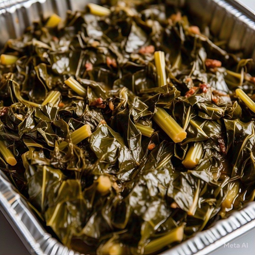 Catering-size collard greens prepared by Poboys Kitchen in San Francisco