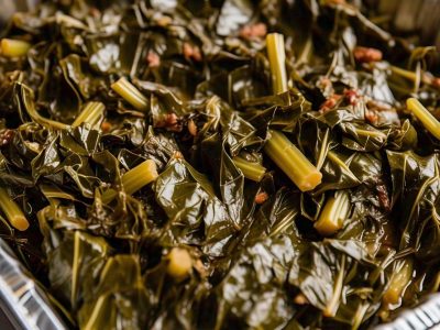 Catering-size collard greens prepared by Poboys Kitchen in San Francisco