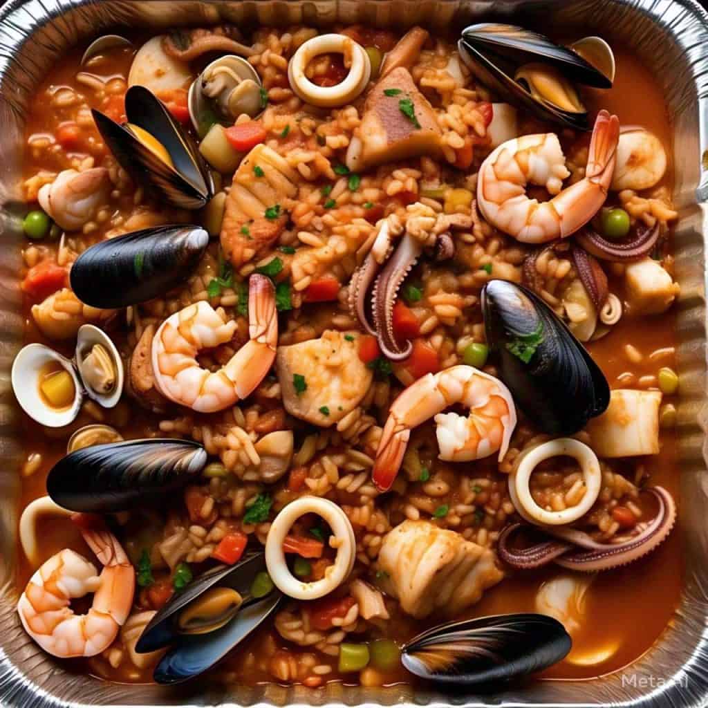 Catering-size seafood jambalaya prepared by Poboys Kitchen in San Francisco