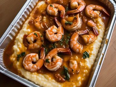 Catering-size shrimp and grits prepared by Poboys Kitchen in San Francisco
