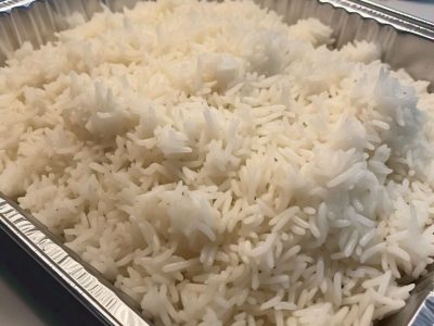 Catering-size white rice prepared by Poboys Kitchen in San Francisco