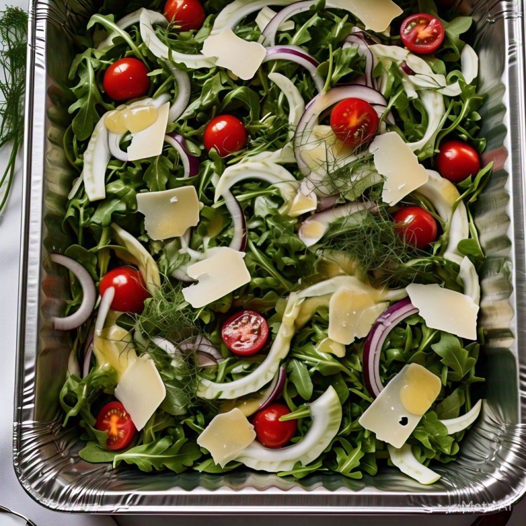 Catering-size baby arugula salad prepared by Poboys Kitchen in San Francisco