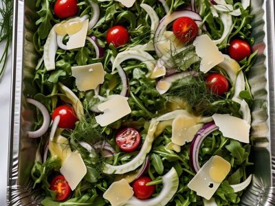 Catering-size baby arugula salad prepared by Poboys Kitchen in San Francisco