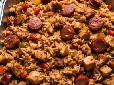 Catering-size chicken and andouille jambalaya prepared by Poboys Kitchen in San Francisco