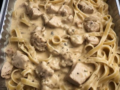 Catering-size chicken fettuccini pasta prepared by Poboys Kitchen in San Francisco