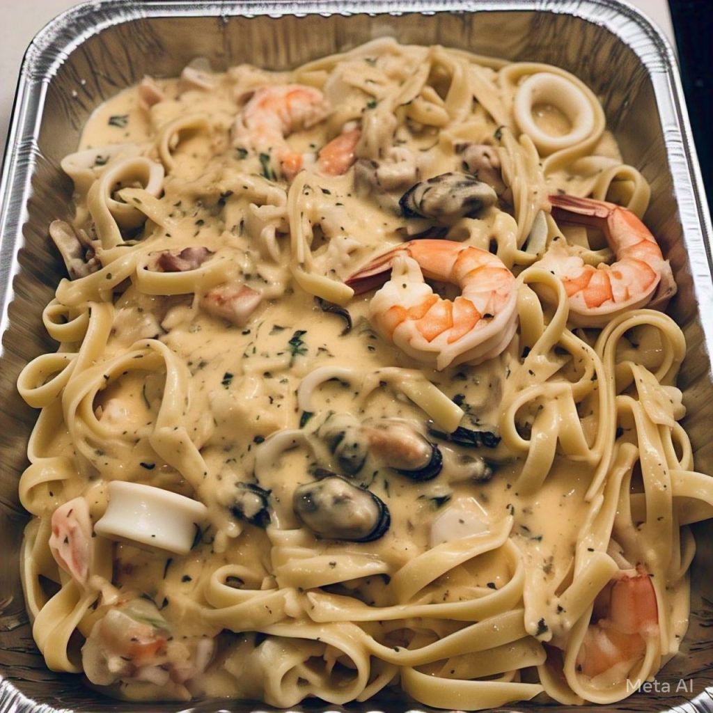 Catering-size seafood fettuccini pasta prepared by Poboys Kitchen in San Francisco