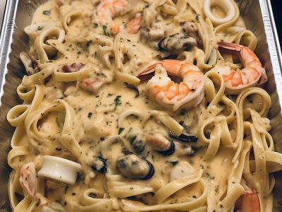 Catering-size seafood fettuccini pasta prepared by Poboys Kitchen in San Francisco