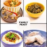 Family feast with fried chicken, mashed potatoes, collards, and beignets from Poboys Kitchen in San Francisco