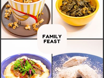 Family feast with fried chicken, mashed potatoes, collards, and beignets from Poboys Kitchen in San Francisco