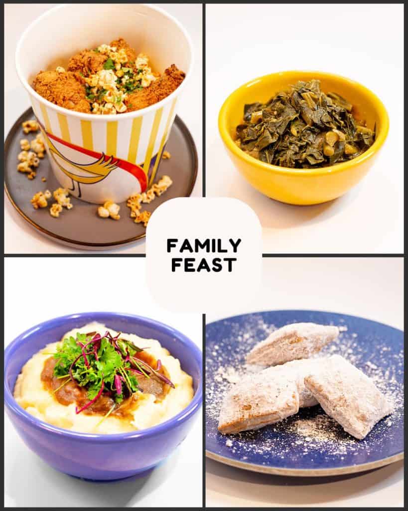 Family feast with fried chicken, mashed potatoes, collards, and beignets from Poboys Kitchen in San Francisco