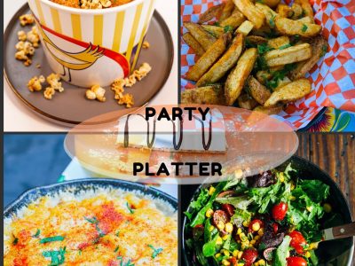 Party platter with fried chicken, fries, mac and cheese, salad, and cheesecake from Poboys Kitchen in San Francisco