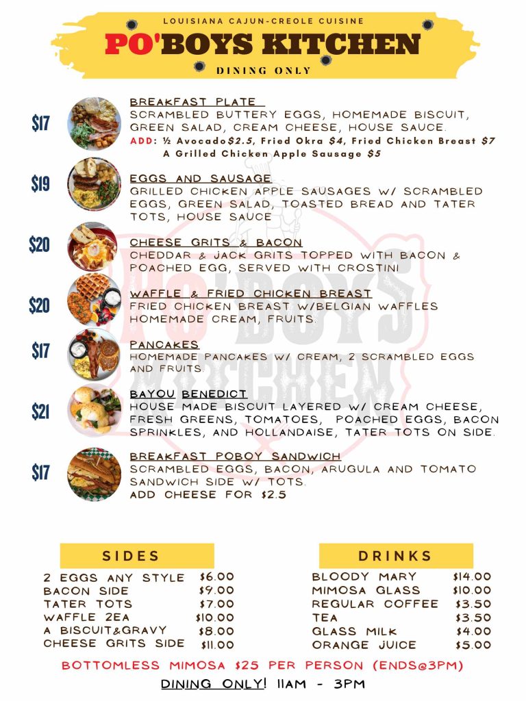 Brunch menu at Poboys Kitchen featuring Cajun and Creole brunch dishes in San Francisco