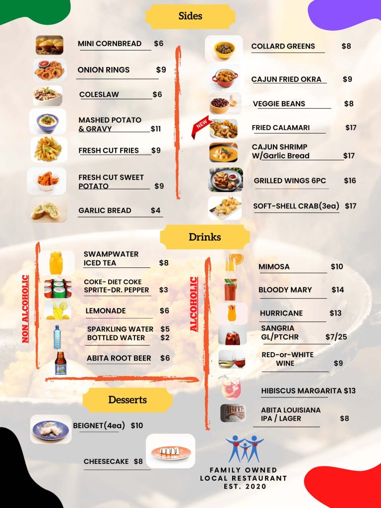 Back of the Poboys Kitchen menu with restaurant information and details in San Francisco