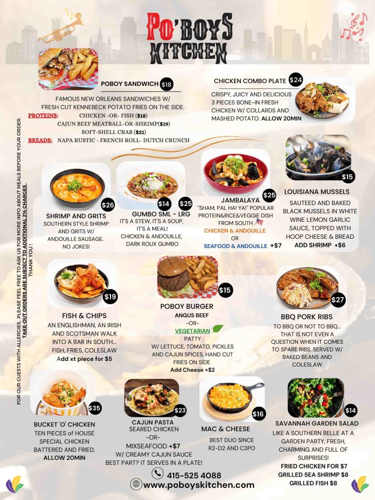 Front of the Poboys Kitchen menu showcasing Cajun and Creole food offerings in San Francisco