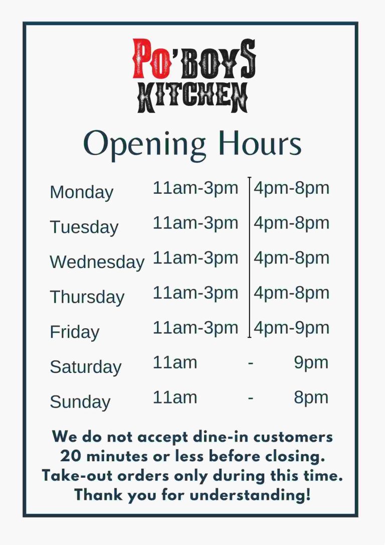 Opening hours sign for Poboys Kitchen, a Cajun and Creole restaurant in San Francisco