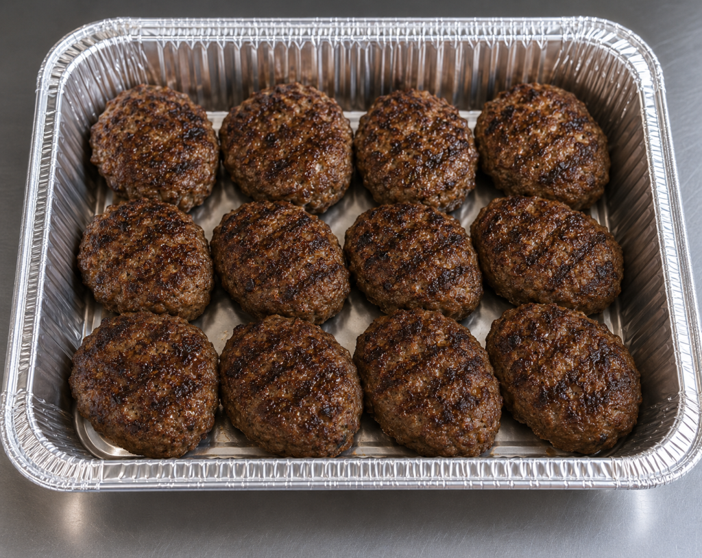 Half-size aluminum catering tray filled with 12 grilled Cajun meatballs, cooked over an open flame and arranged neatly for catering service.