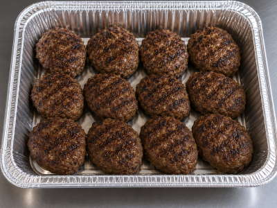 Half-size aluminum catering tray filled with 12 grilled Cajun meatballs, cooked over an open flame and arranged neatly for catering service.