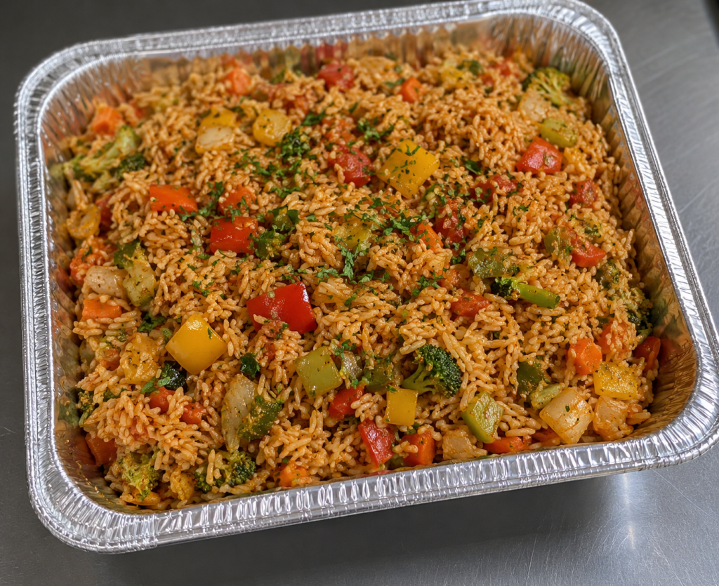 Half-size aluminum catering tray filled with vegetarian Cajun jambalaya featuring seasoned rice, bell peppers, onions, broccoli, carrots.